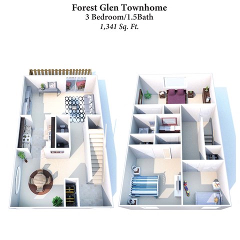 Floor plan for 3 beds, 1.5 baths, 1341 sqft